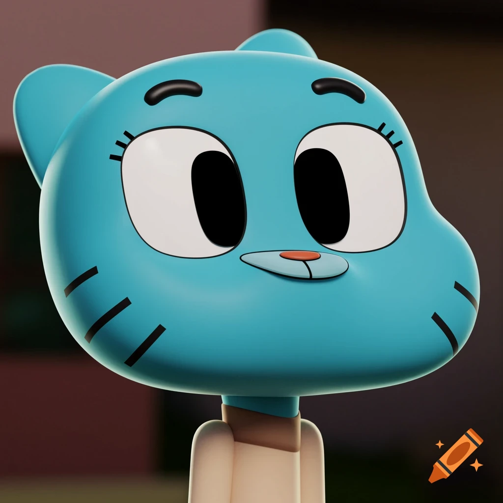 Close-up of a 3D rendered blue cartoon cat character with big eyes.