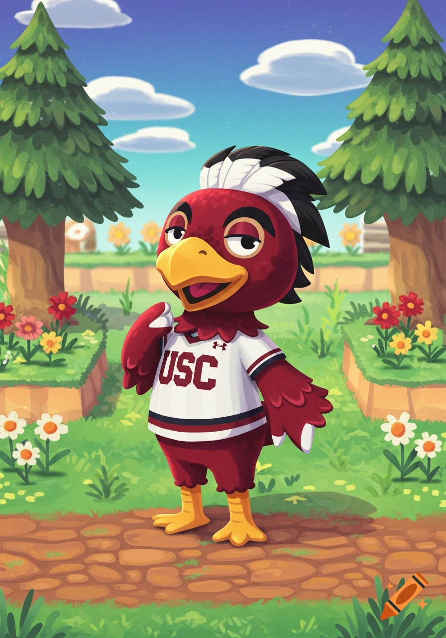 A cartoon red bird mascot in Animal Crossing style wearing a USC shirt in a grassy field.