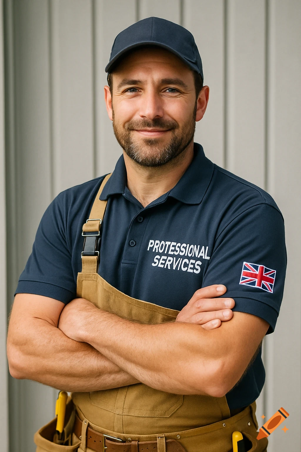 A man in a dark blue shirt, tan apron, and cap stands with crossed arms, with 'Professional Services' text and a British flag patch on his sleeve.