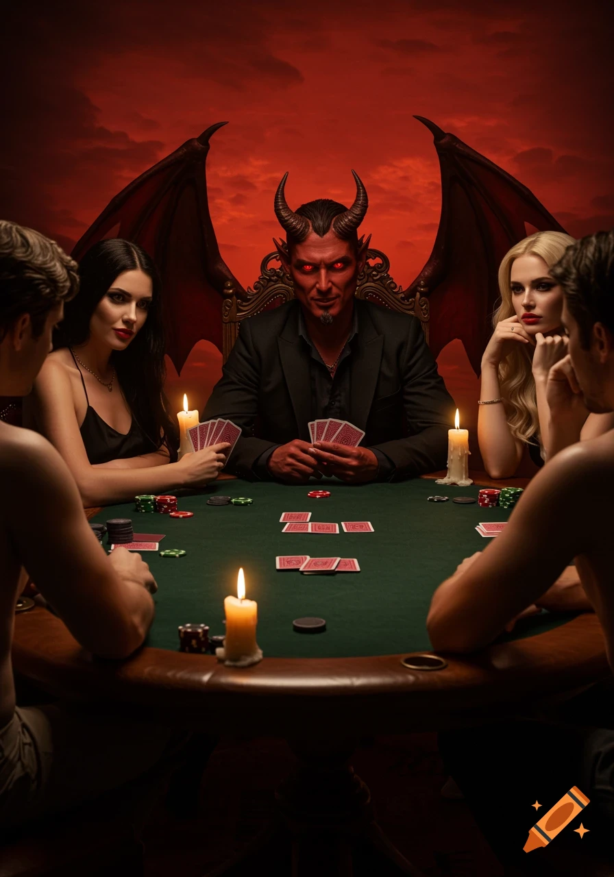 A devil with large wings and horns plays poker at a table with three humans.