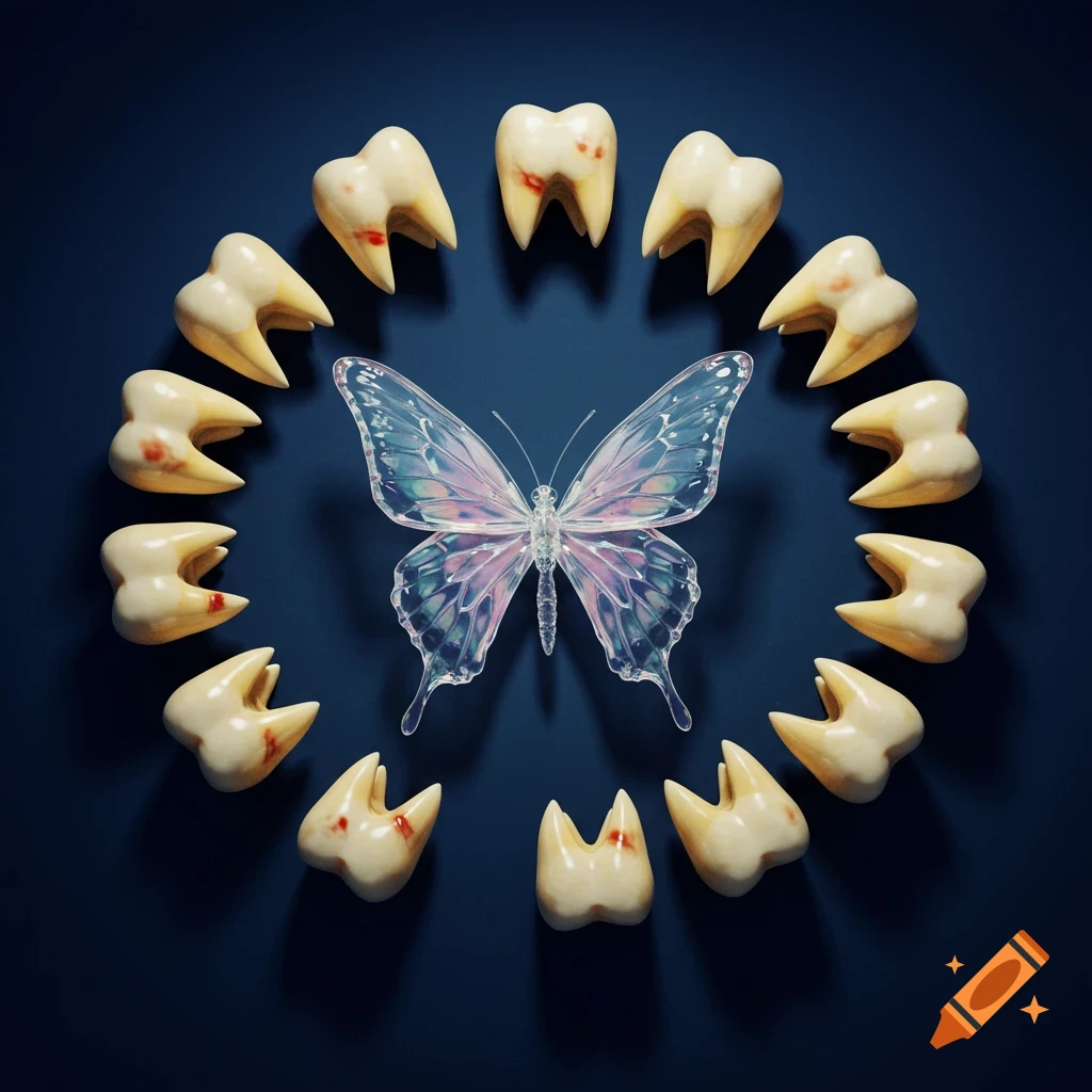 A translucent butterfly is centered, surrounded by a ring of human molar teeth, some with reddish marks, against a dark blue background.