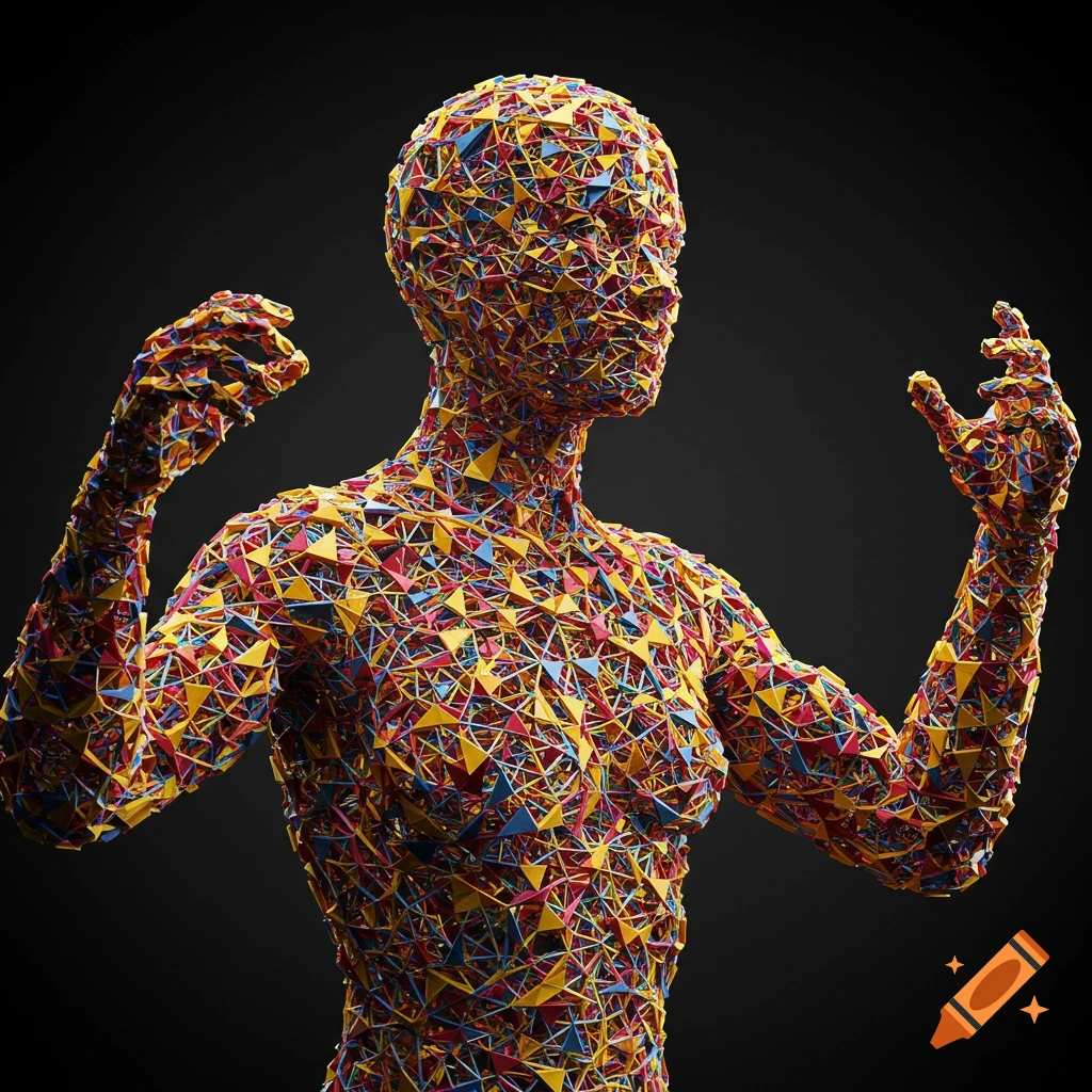 A human figure composed entirely of colorful geometric triangles against a dark background.