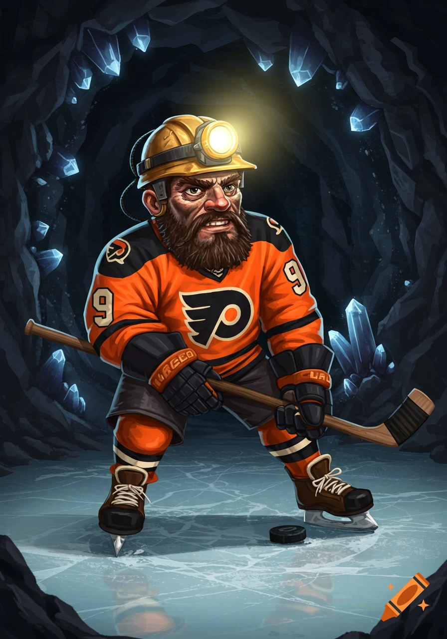 Stylized illustration of a dwarf-like hockey player with miner's helmet and beard on ice in a crystal cave.