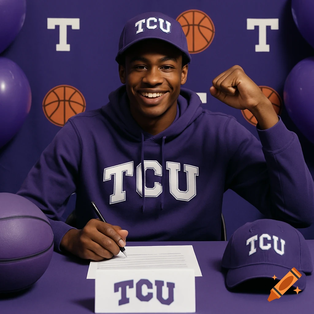 Young man in TCU gear signing a basketball commitment, surrounded by logos and basketballs