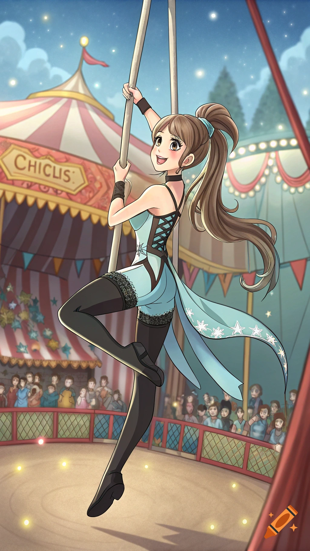 Anime girl trapezist performing at a circus.