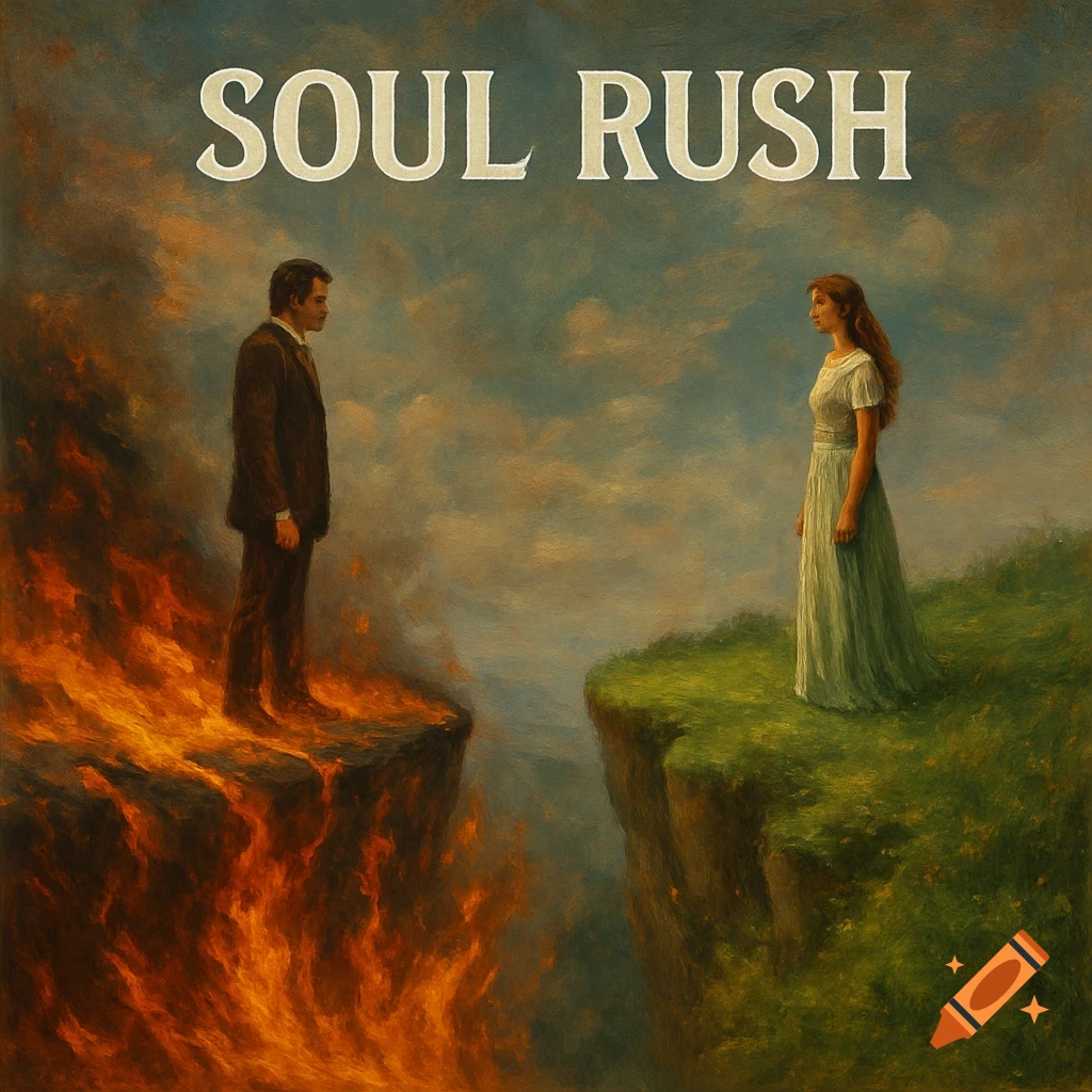 Oil painting of a man on a fiery cliff and a woman on a grassy cliff, facing each other, with text "SOUL RUSH"