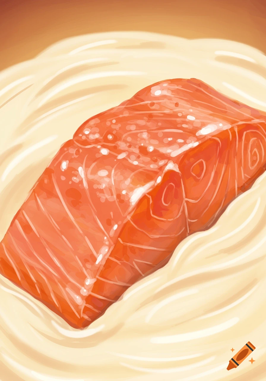 A piece of salmon in creamy vanilla sauce, painted style