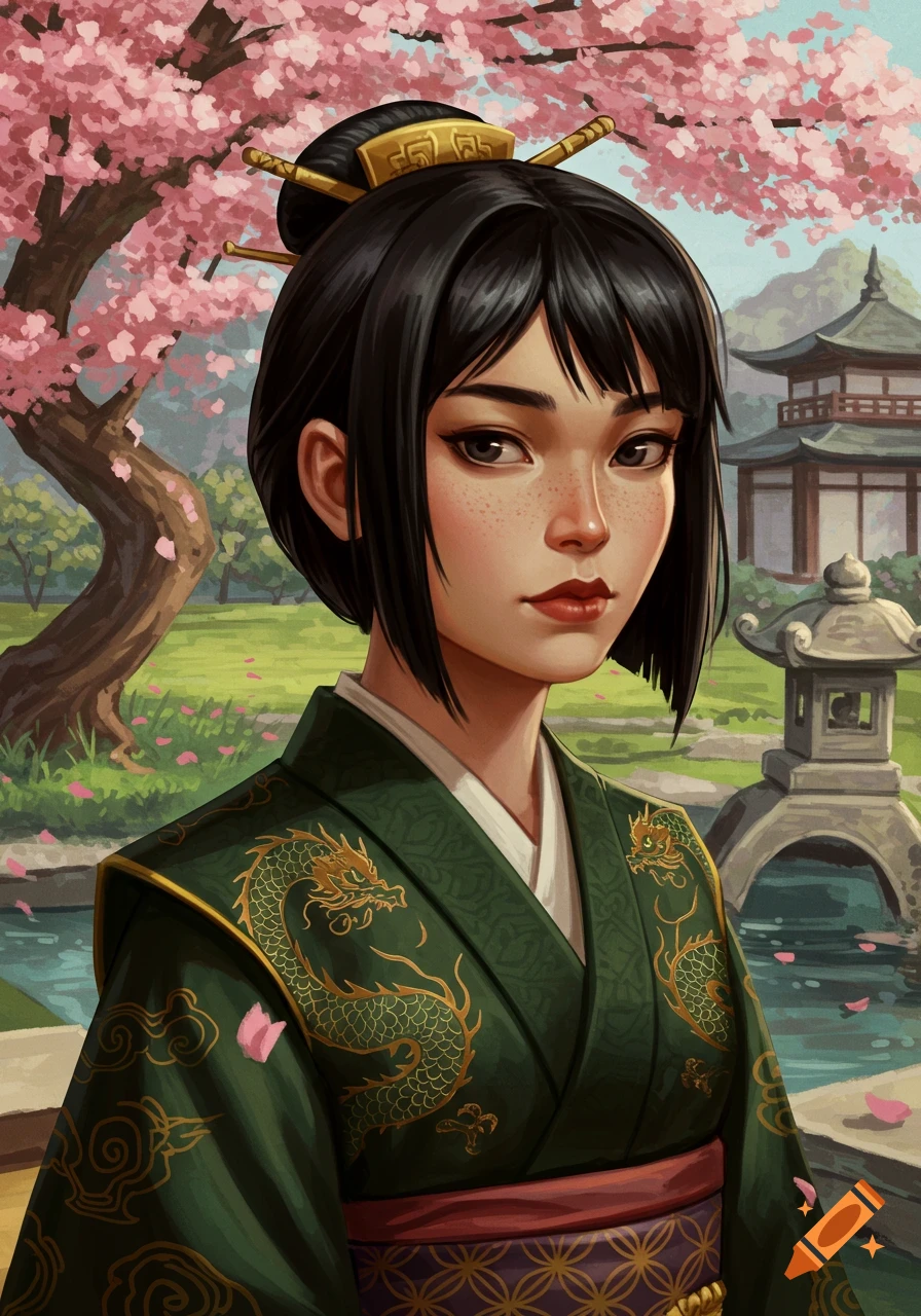 A portrait illustration of a woman in a green kimono with dragon patterns in a Japanese garden with cherry blossoms.