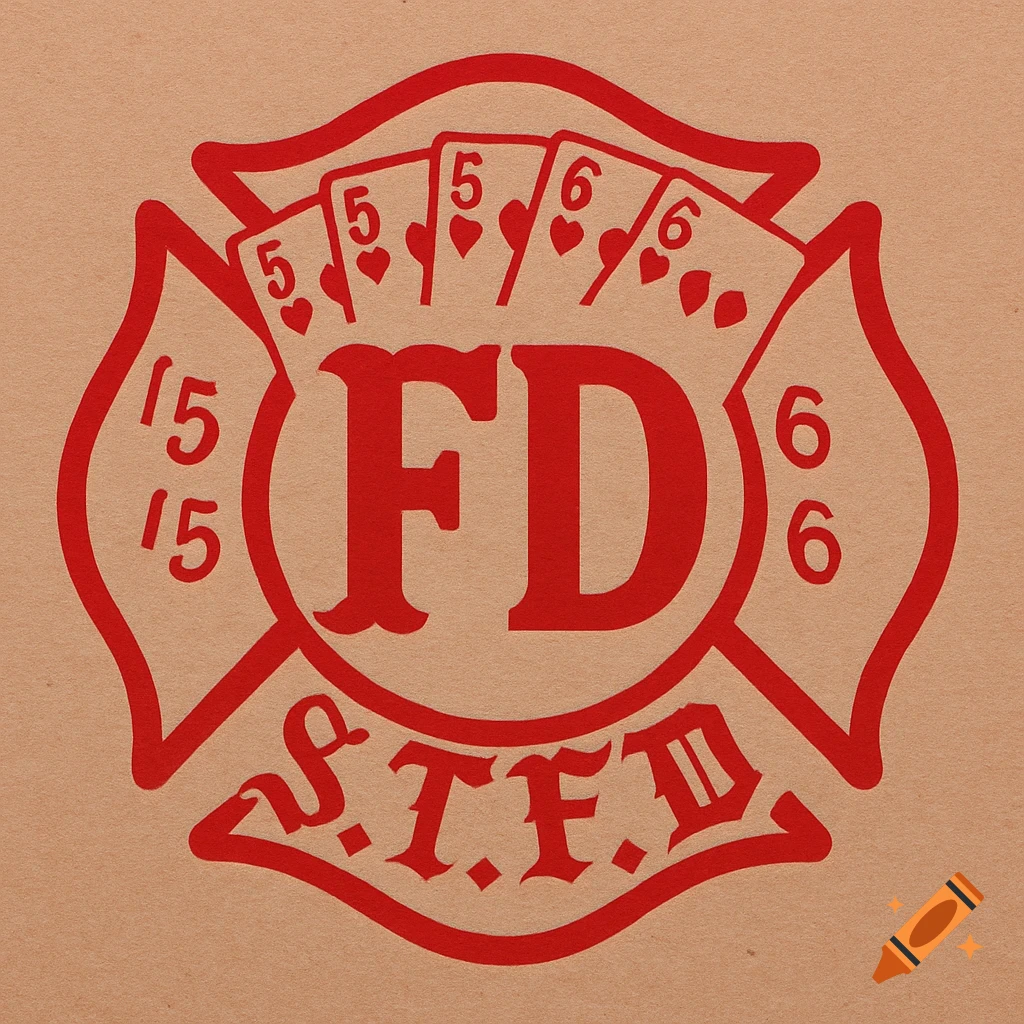 A red fire department style logo on a beige background, incorporating playing cards with 5s and 6s, the letters FD in the center, and S.T.F.D at the bottom.