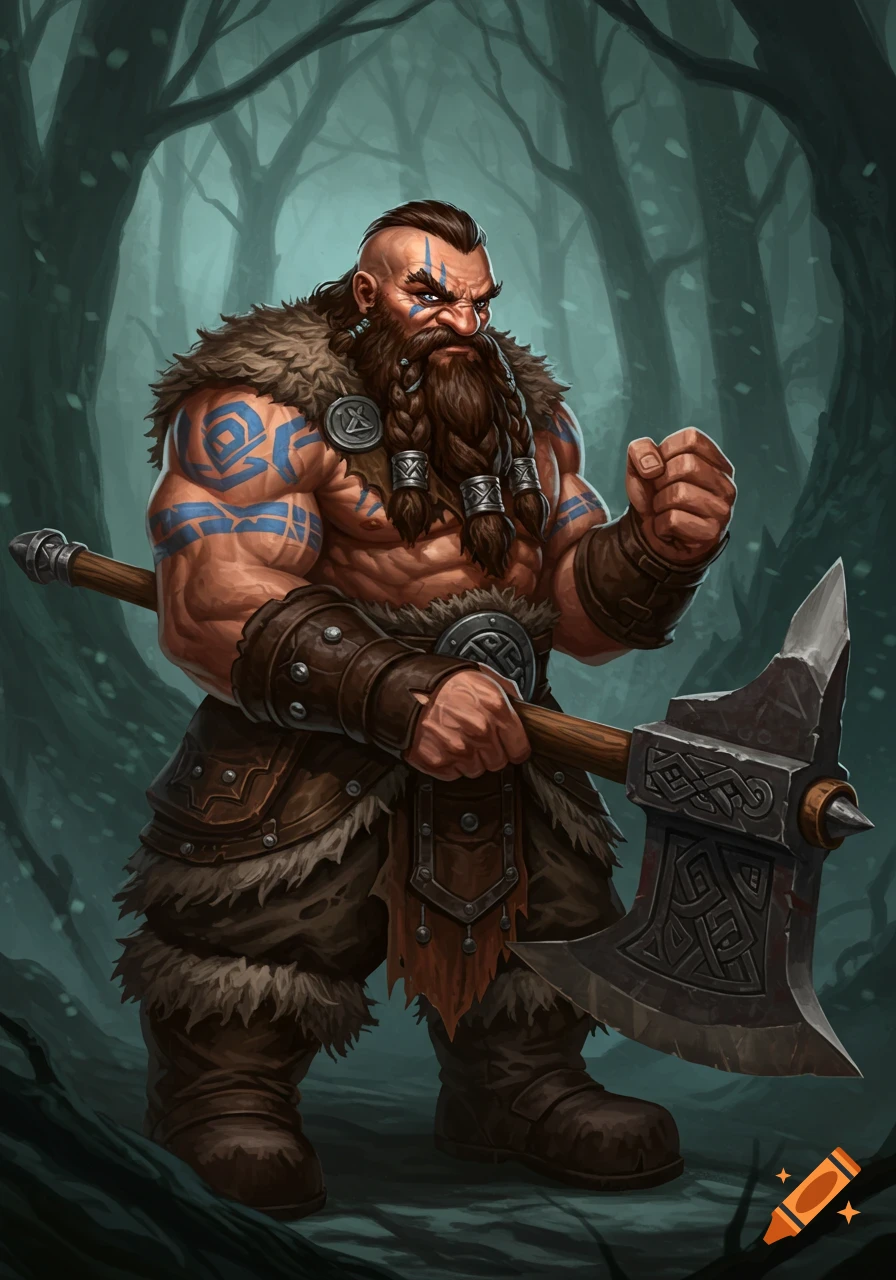 A muscular dwarf barbarian with blue tattoos holding a greataxe in a dark forest, digital painting.