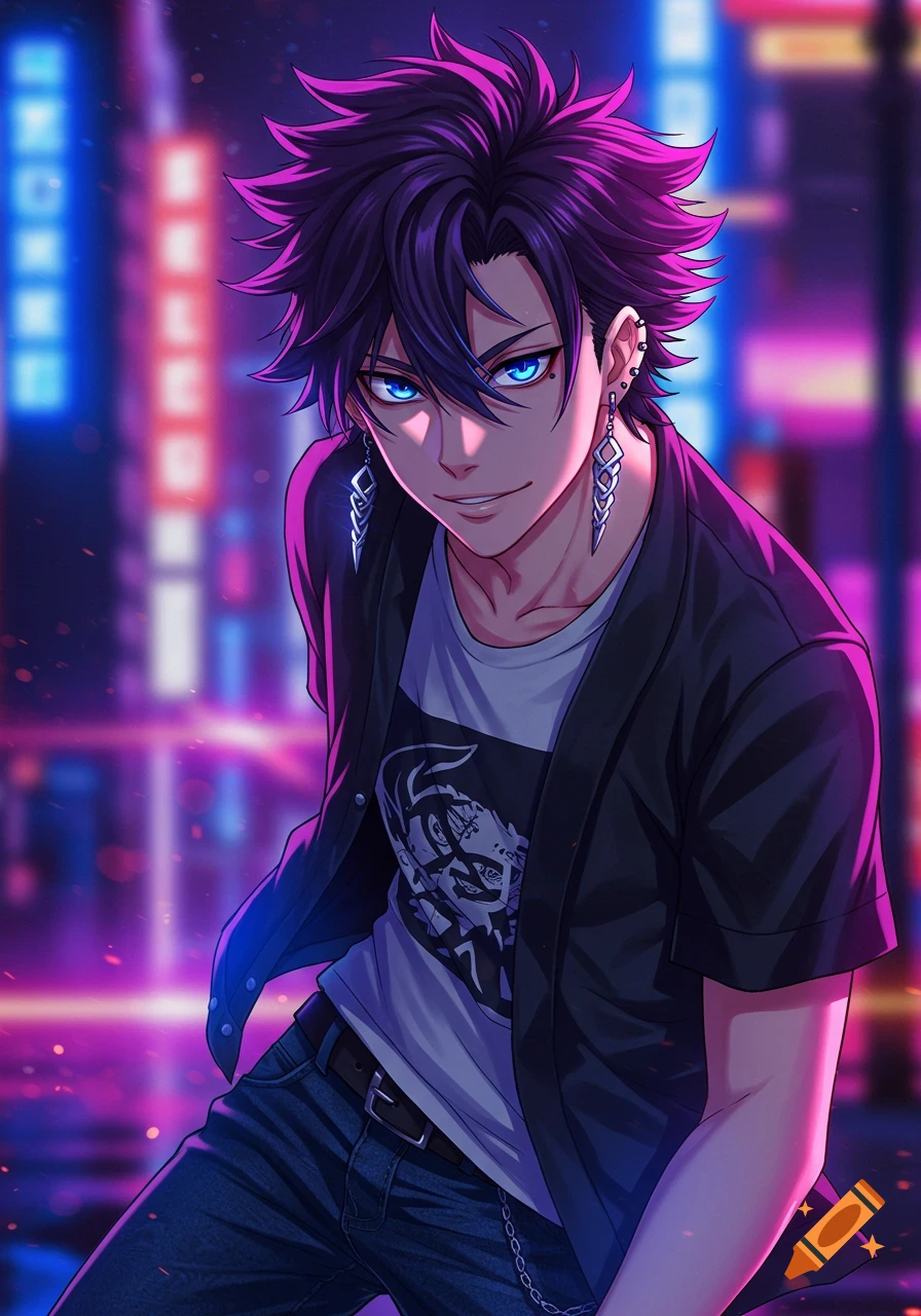 An anime man with spiky purple hair and bright blue eyes poses in front of blurry neon city lights.