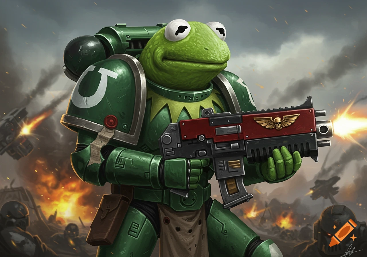 Kermit the Frog dressed as a Warhammer 40k Space Marine holding a bolter in a battlefield illustration.