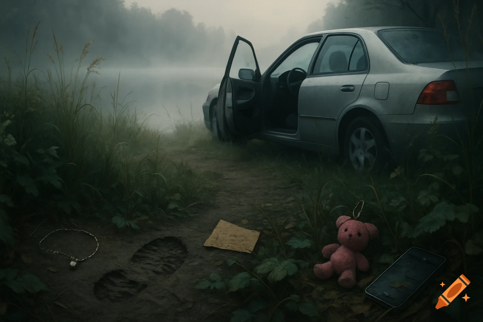 An abandoned silver car sits with its door ajar by a foggy lake. A footprint, teddy bear, necklace, note, and phone lie on the ground.