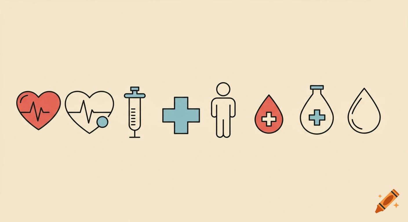 Simple line of healthcare icons including hearts, syringe, cross, person, and blood symbols on a beige background.