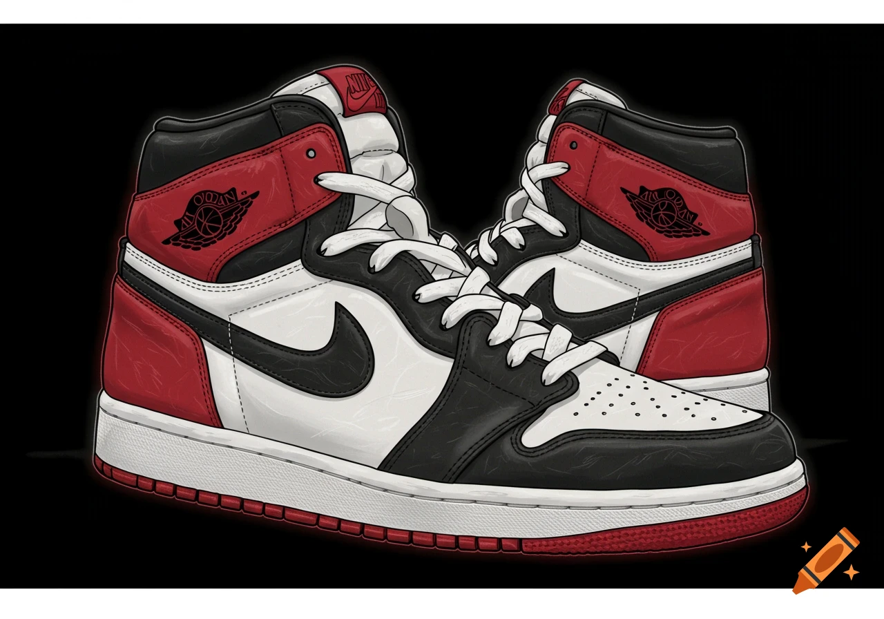 Illustration of a pair of black, white, and red Air Jordan 1 sneakers.