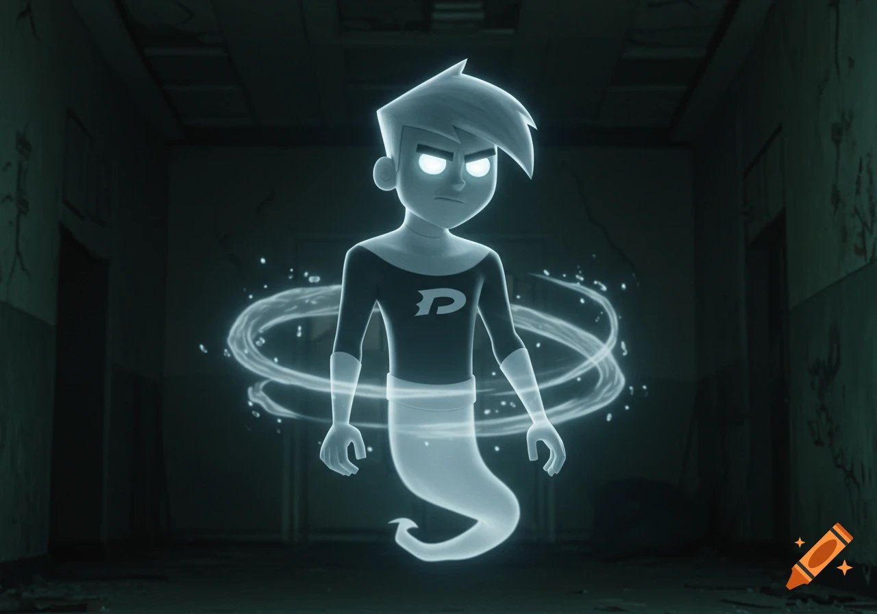 Stylized 3D render of ghostly Danny Phantom character floating in a dark room with glowing eyes and swirling energy.