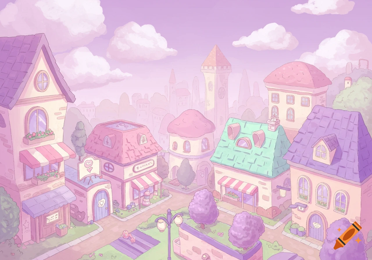 Pastel illustration of a charming cartoon town with shops and houses under a lavender sky.