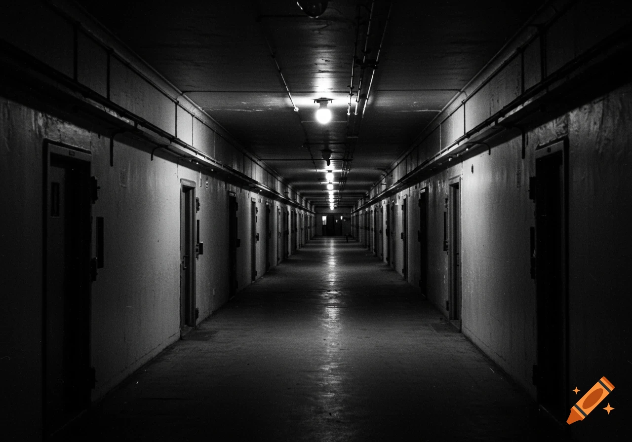 A long, empty black and white prison corridor with doors on either side and lights overhead. Photographic style.