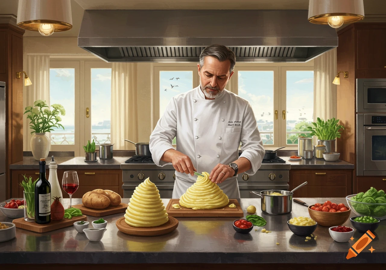 A chef prepares mashed potatoes in a fancy kitchen.