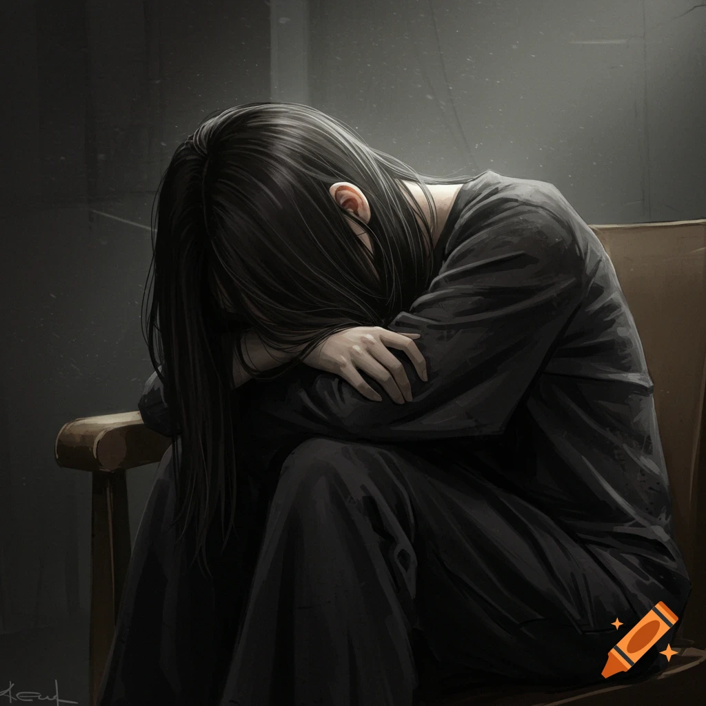 A person with long black hair slumped over in a chair, hiding their face in a dark room. Digital art.