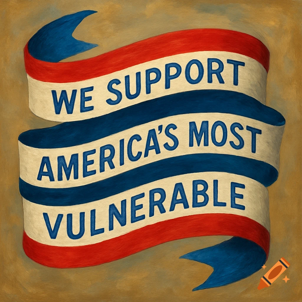Red, white, and blue ribbon banner with the text 'WE SUPPORT AMERICA'S MOST VULNERABLE'.
