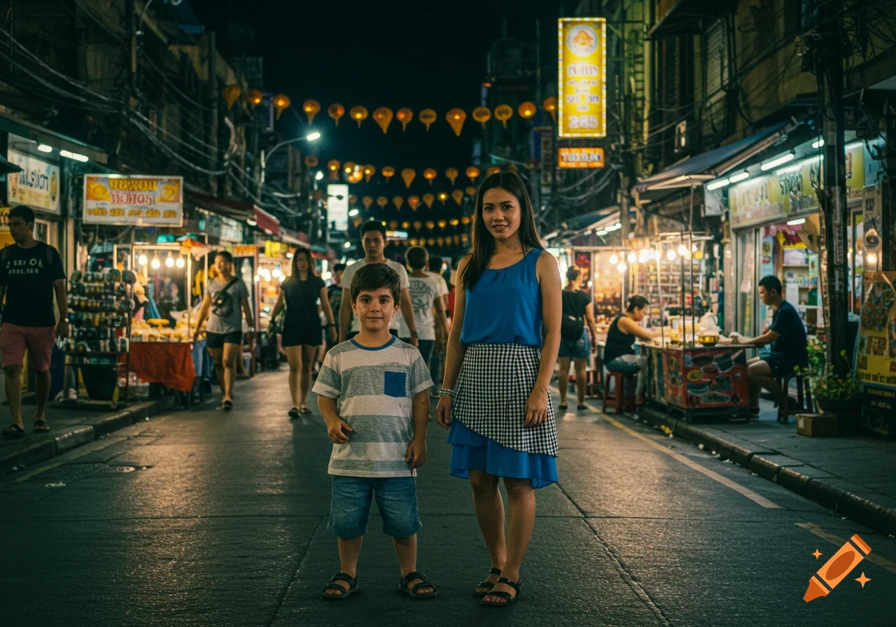 A woman and a boy stand in a busy street market at night with lanterns overhead.