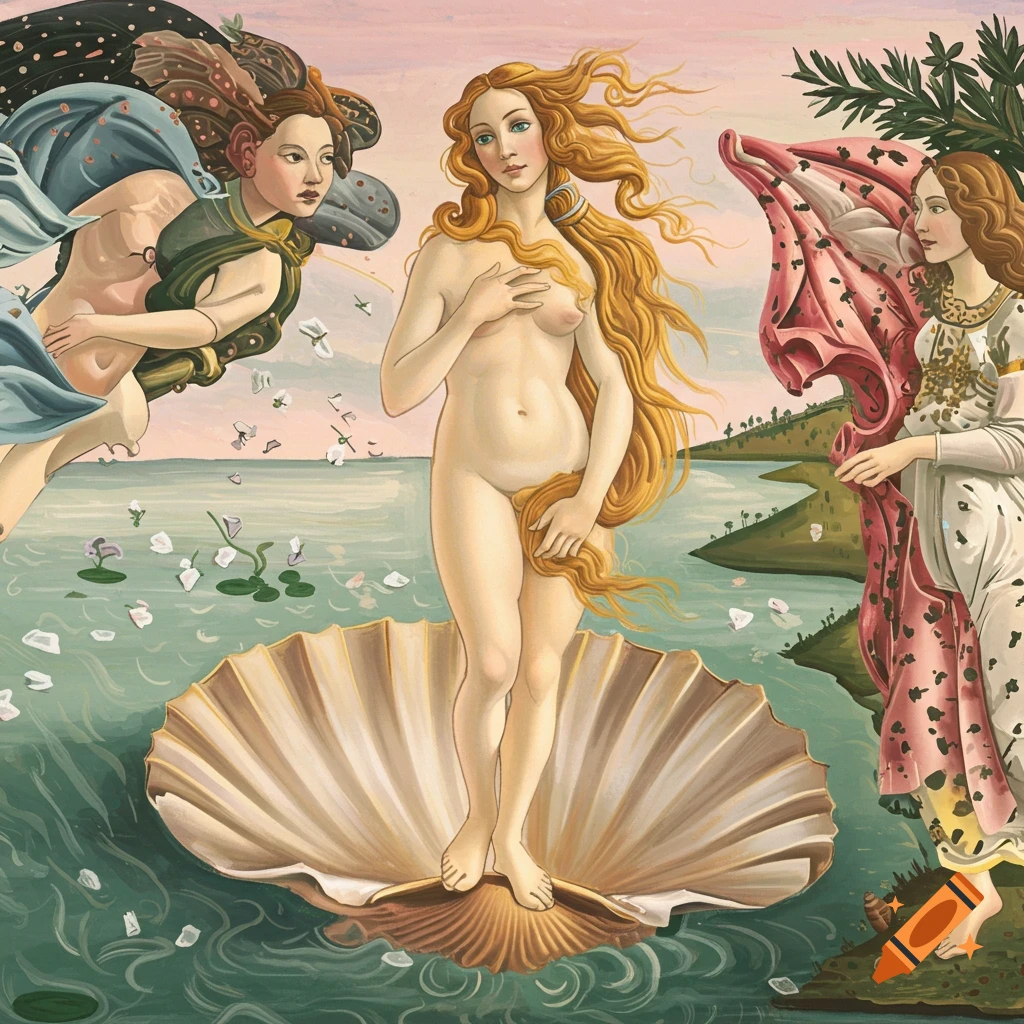 Renaissance style painting of Venus emerging from a shell, attended by figures.