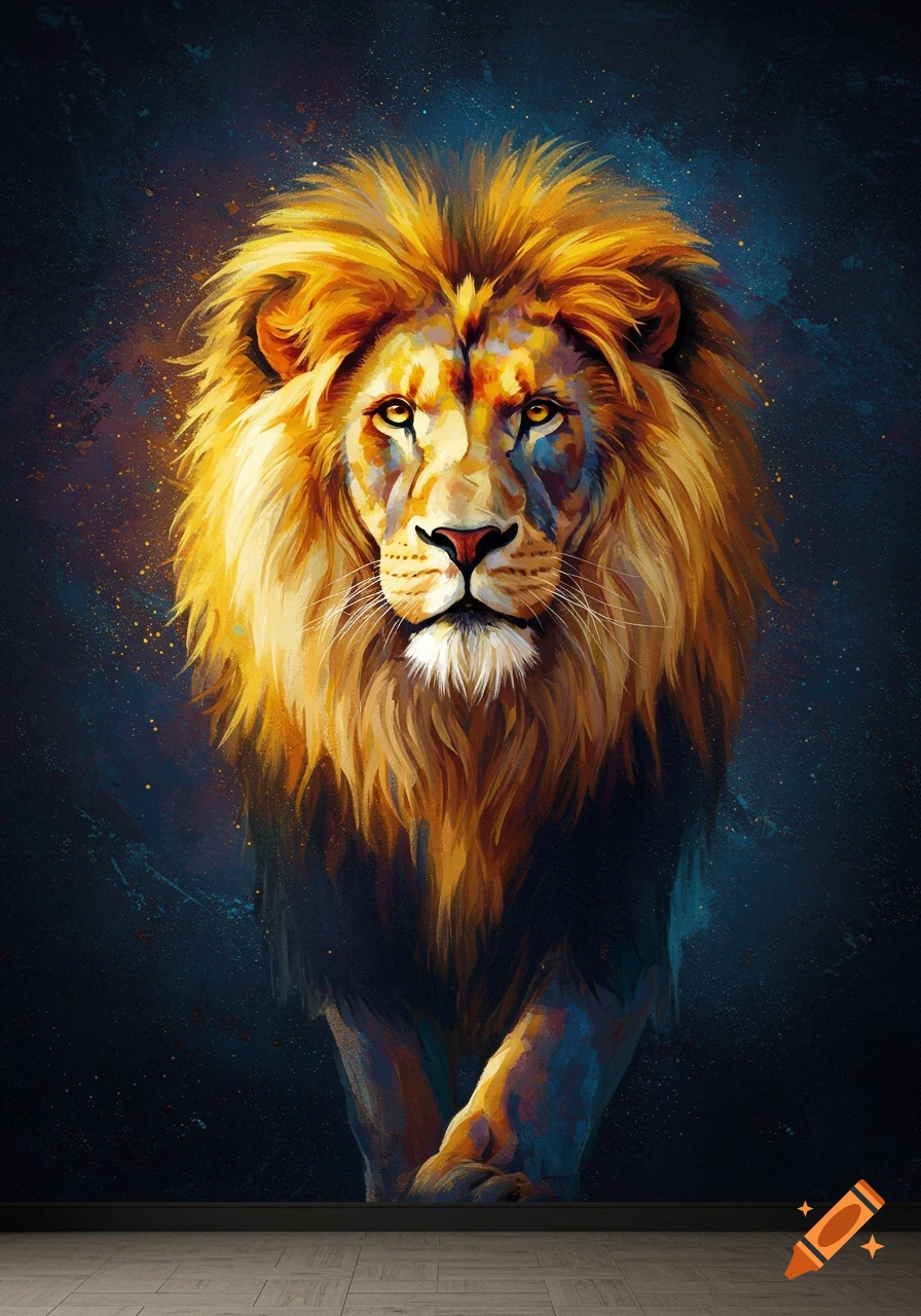 Painterly portrait of a majestic lion with a golden mane against a dark, abstract background.