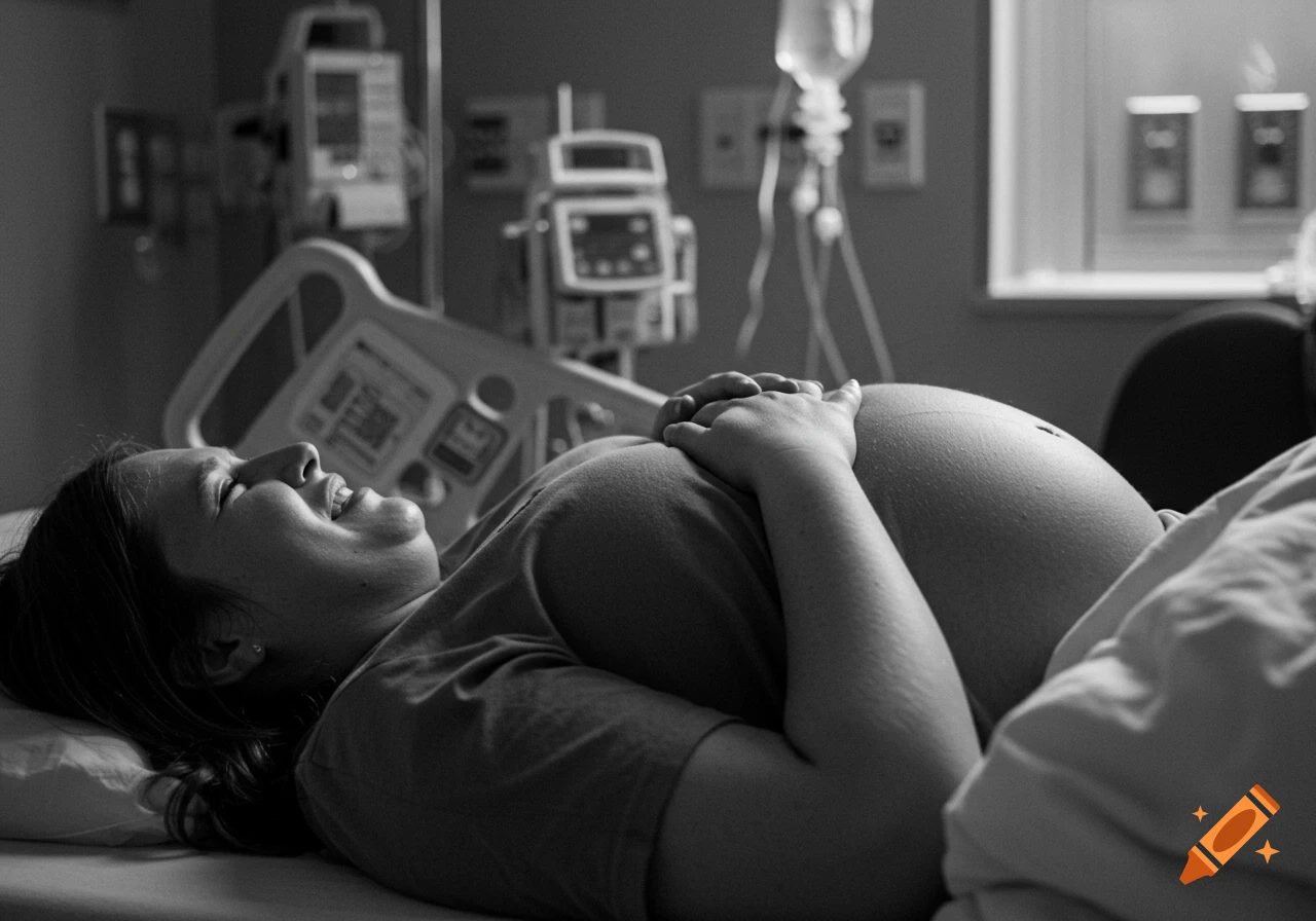 Black and white photo of a pregnant woman lying in a hospital bed, holding her belly and smiling.
