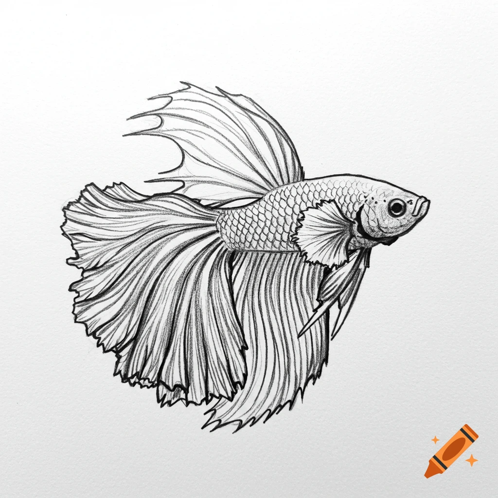 A black and white line drawing of a crown tail betta fish.