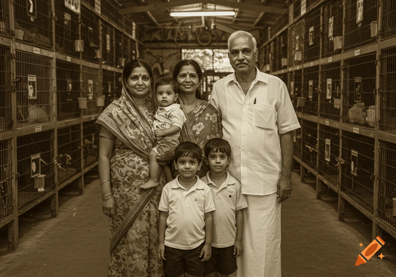 Sepia-toned family portrait in front of zoo cages