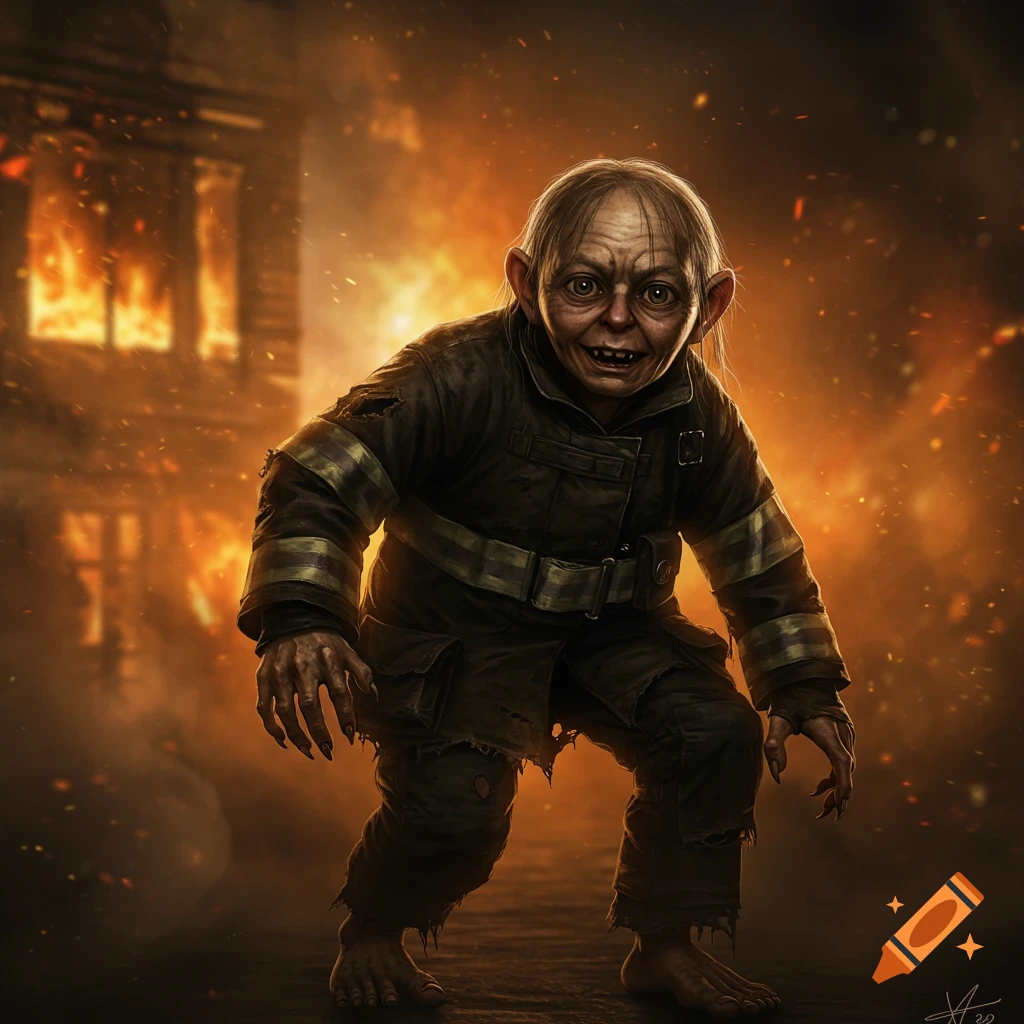 Smeagol wearing firefighter gear crouches in front of a burning building, digital art