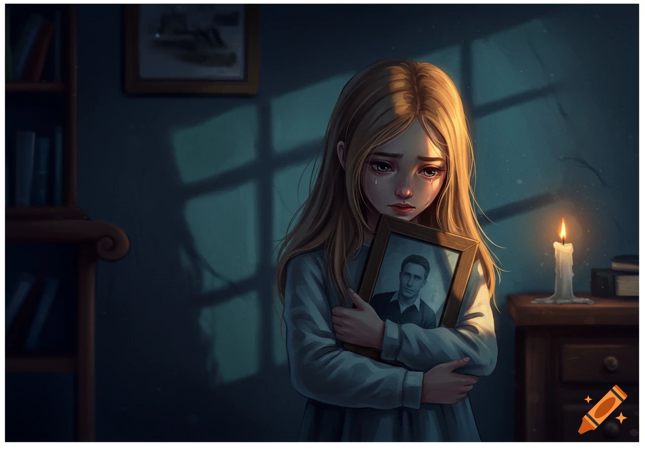 Digital art of a crying girl holding a framed photo in a dimly lit room with a candle.
