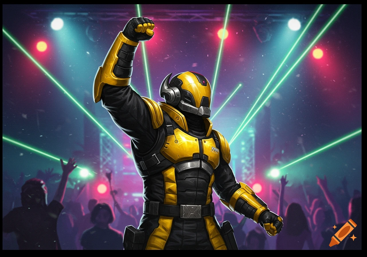 A person in black and yellow sci-fi armor raises a fist at a laser-filled rave.
