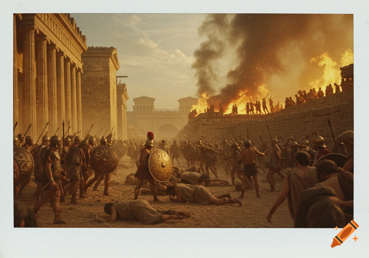 Ancient soldiers battle amidst fallen comrades as a city burns in the background, styled like a Polaroid photograph.