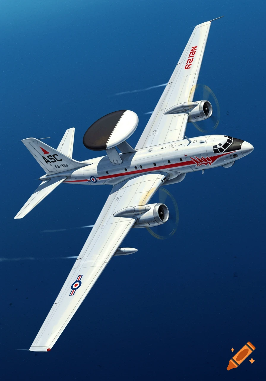 Illustration of a white military aircraft with red stripes and radar dome flying in a blue sky.