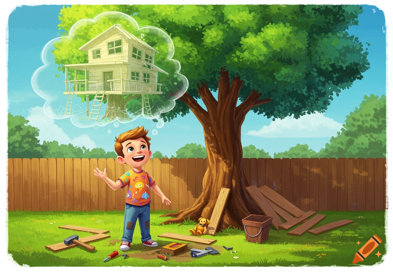 A cheerful boy in a backyard smiles, imagining a treehouse above him, surrounded by planks and tools.