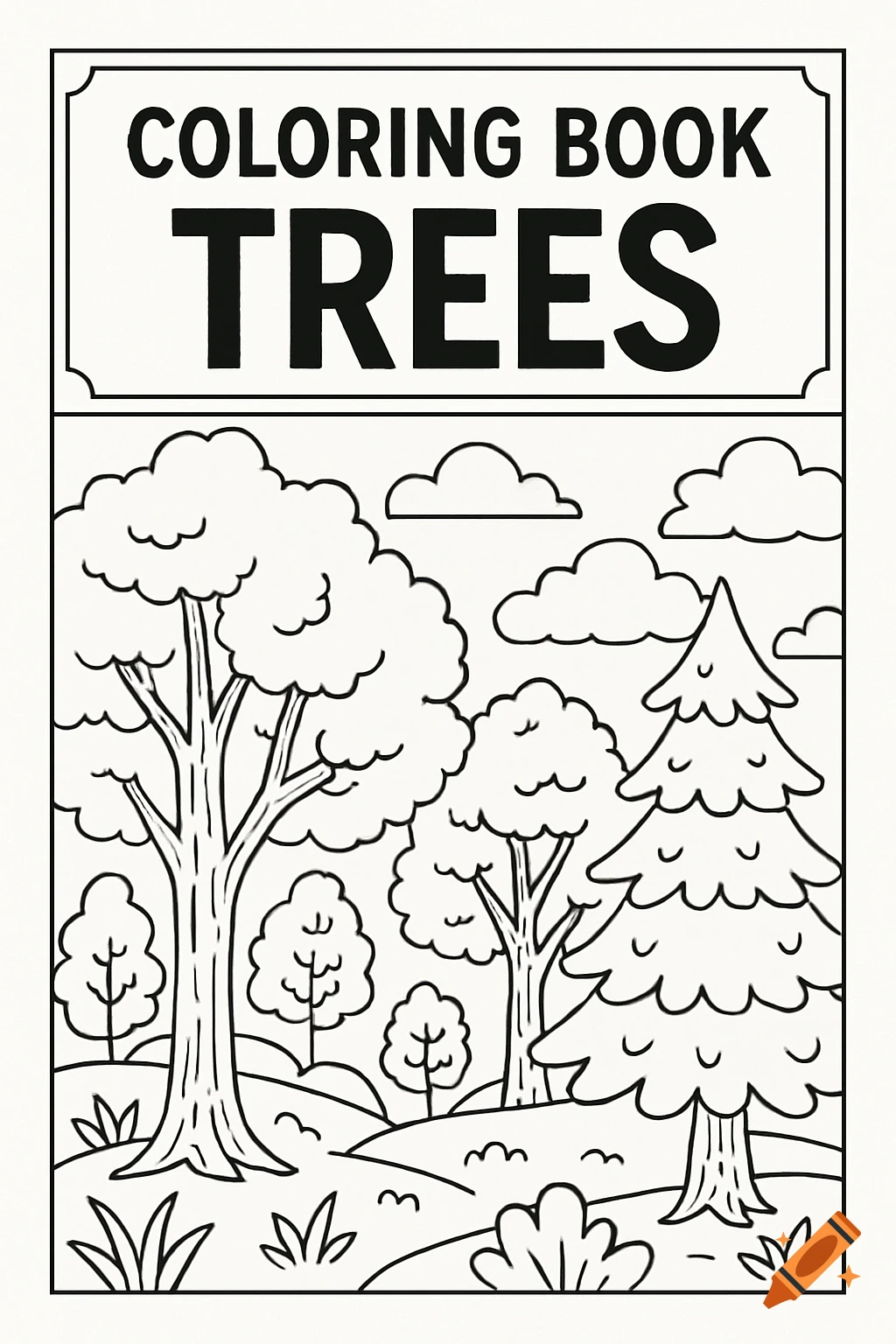 Coloring book cover with the title "COLORING BOOK TREES" above a line drawing of trees and a landscape.
