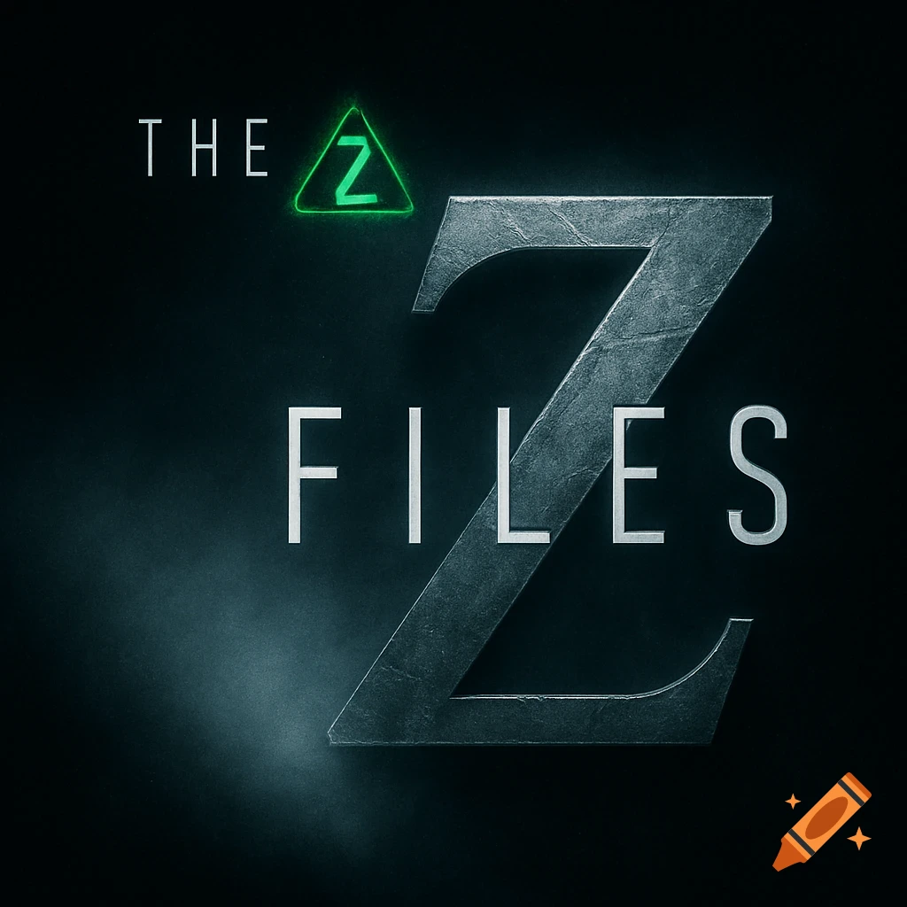 Logo parody with a large metallic 'Z' crossed by 'FILES', with 'THE Z' above, and a glowing green triangle around the 'Z' in 'THE Z FILES'.
