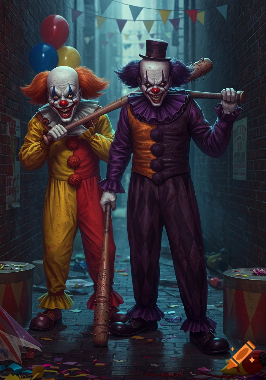 Two scary clowns with baseball bats stand in a dark alley with balloons and confetti.