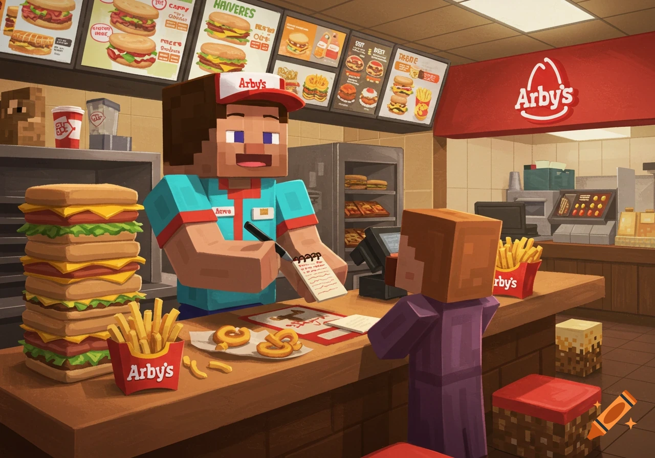 Minecraft character Steve working at the counter of an Arby's restaurant, serving a customer.