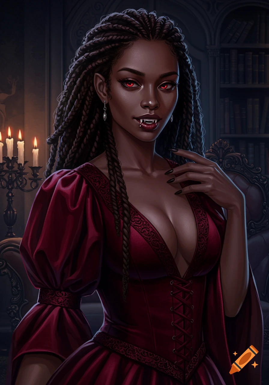 A portrait of an African American female vampire with red eyes, fangs, and braided hair in a red dress.