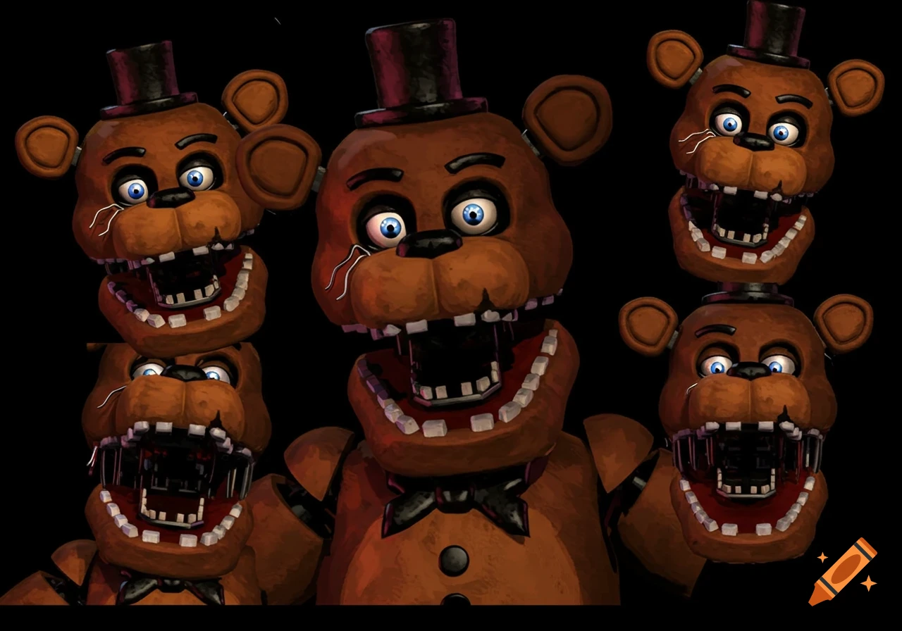 Multiple Freddy Fazbear heads showing different stages of a jumpscare sequence against a black background.
