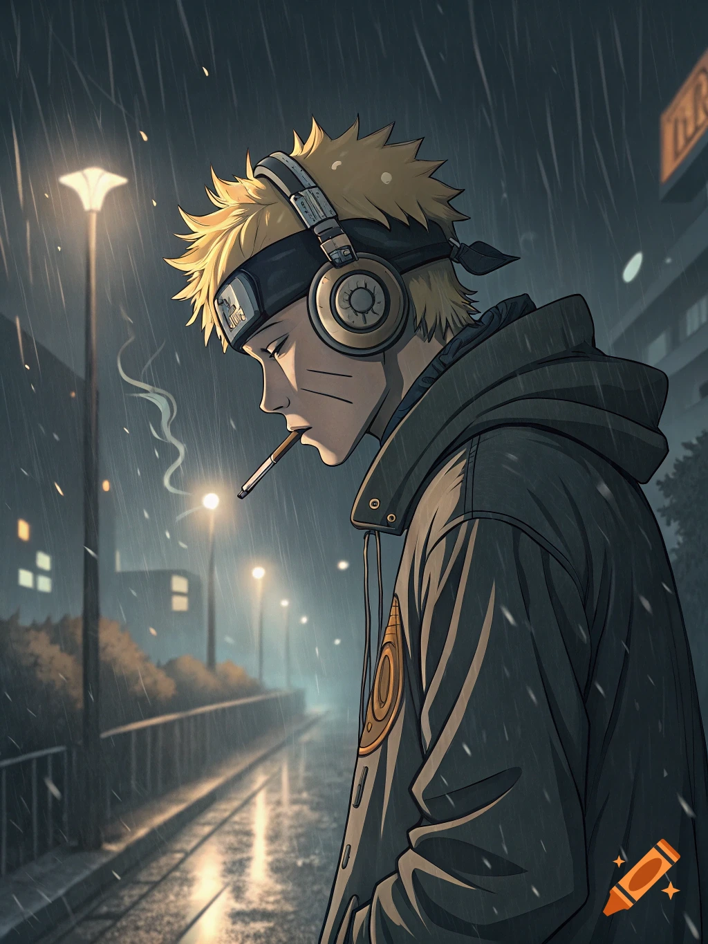 Anime character Naruto smokes in the rain at night, wearing headphones on a city street.