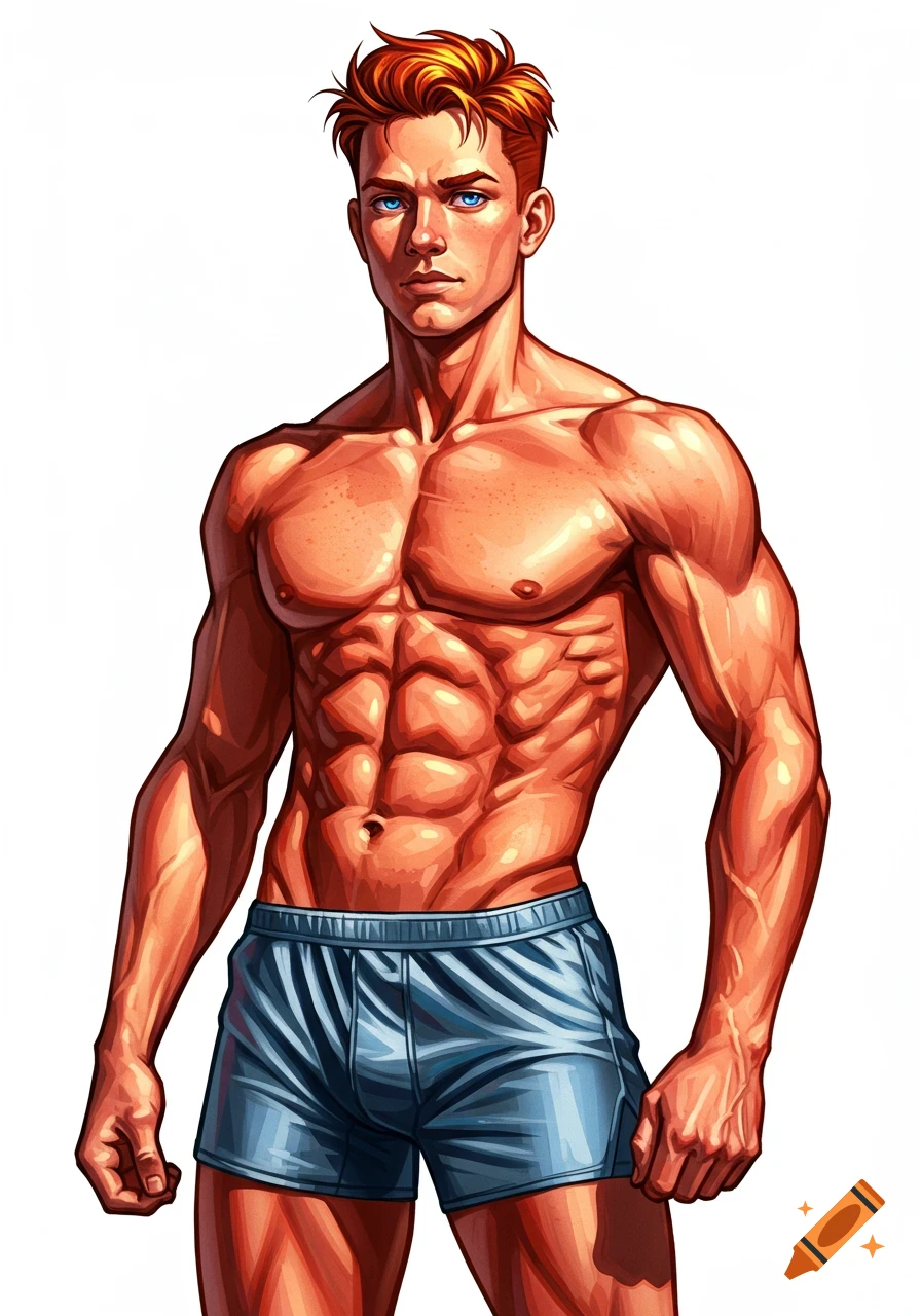 Stylized illustration of a muscular man with red hair and blue eyes wearing blue boxers.