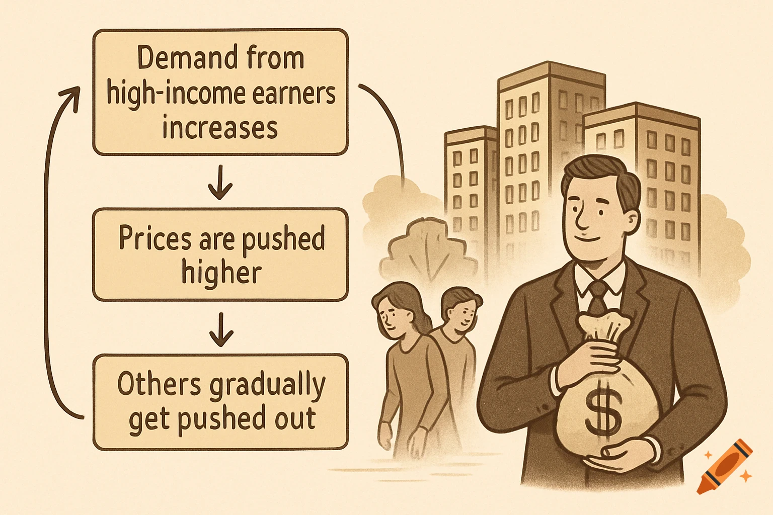 Illustration of an economic diagram showing a man with a money bag, people, and buildings, with a flow chart about price increases pushing others out.