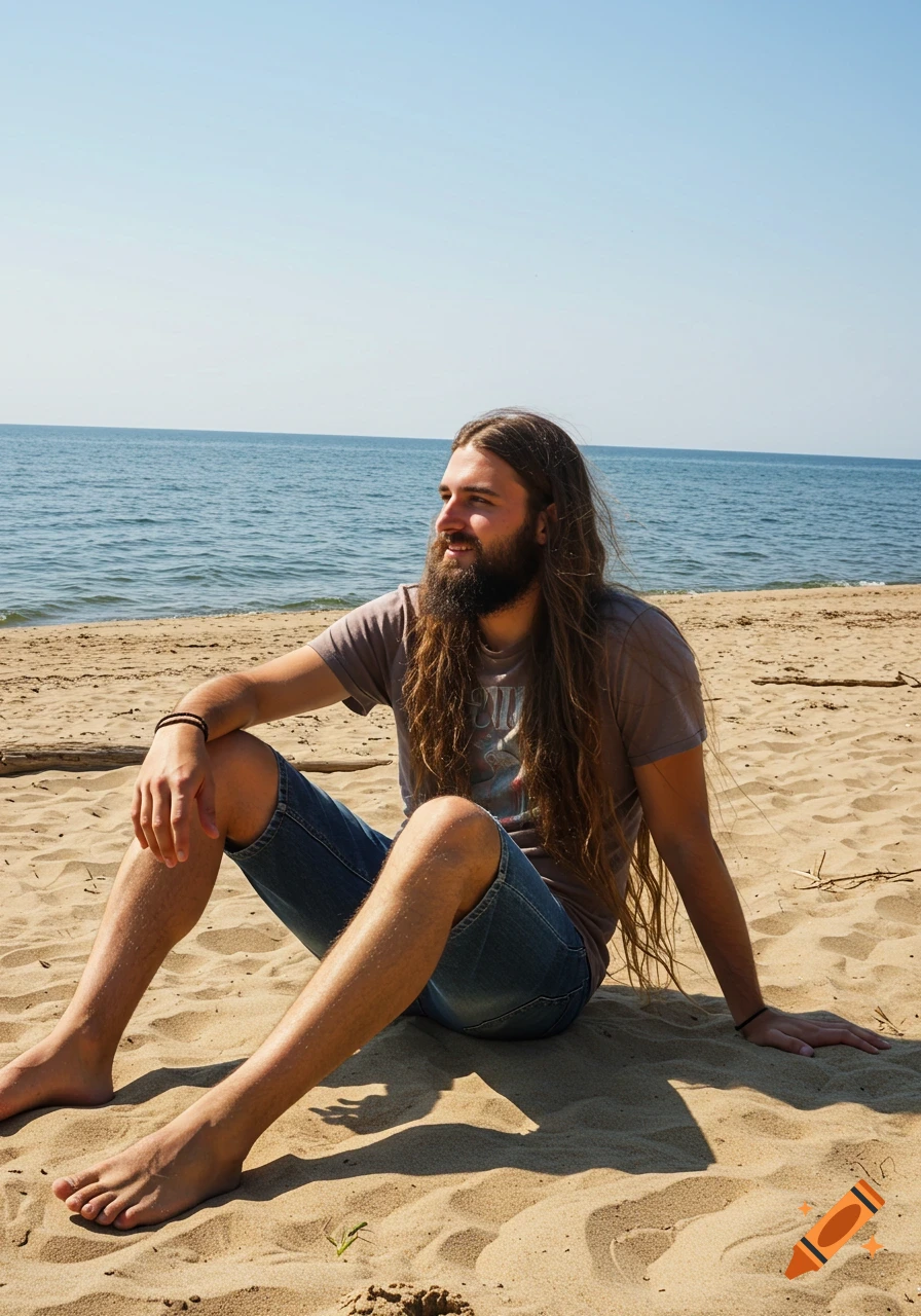 Man with long hair and beard sitting on a sunny beach
