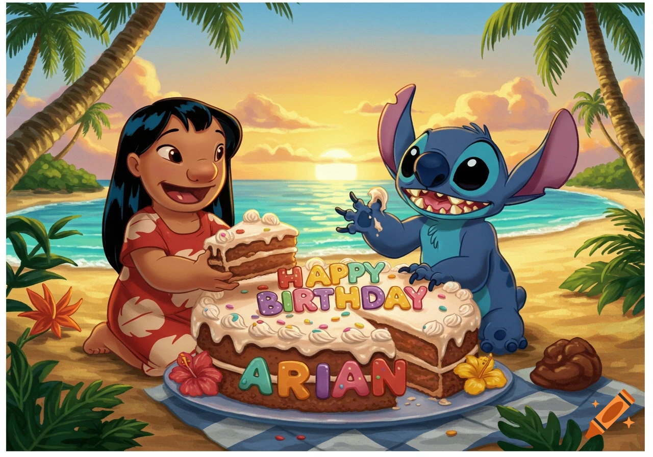 Lilo and Stitch celebrate a birthday with cake on a beach at sunset.