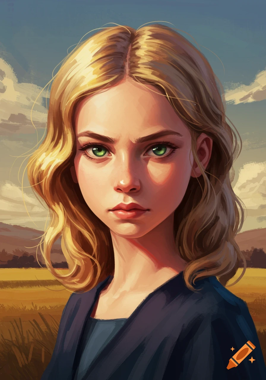 Digital painting of a young girl with blonde hair and green eyes looking serious in a field.