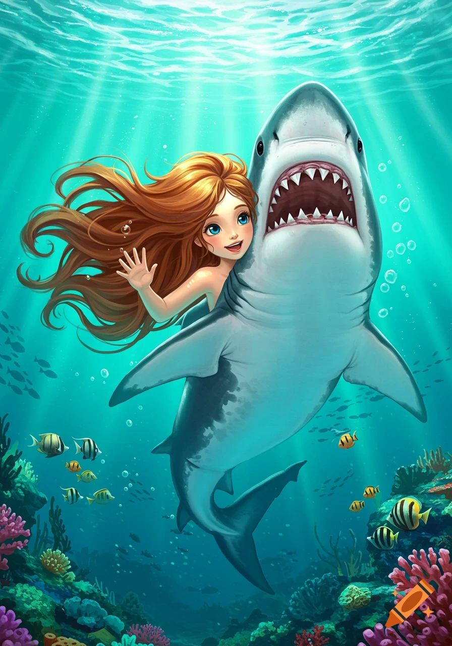 Cartoon illustration of a smiling girl riding a shark underwater with fish and coral.